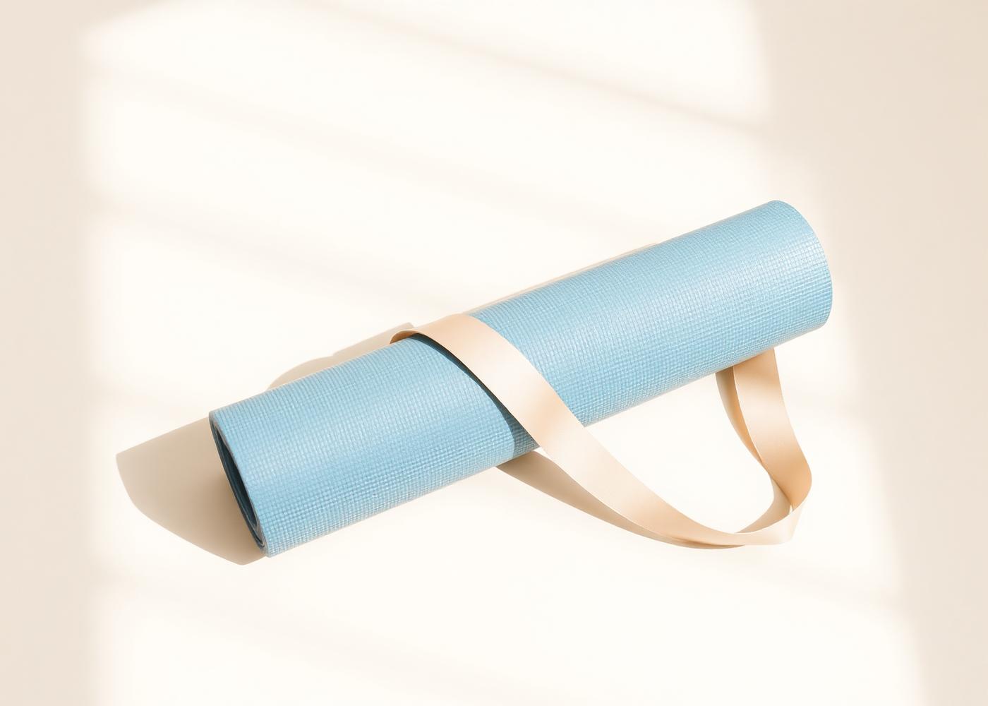 Rolled exercise mat and resistance band on a warm off-white floor